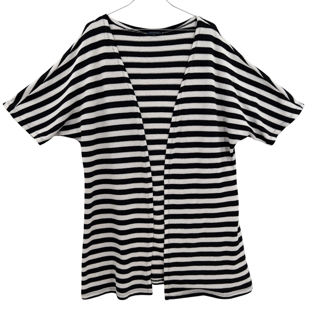 Patprimo Women's‎ Black White Striped Cotton Short Sleeve Long Open Cardigan XL